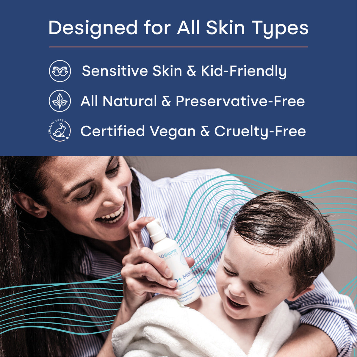 Promotional graphic for AO+ Mist of a woman spritzing mist at a smiling child in a bathrobe. The top half has a teal background with white text reading 'Designed for All Skin Types' and bullet points for 'Sensitive Skin & Kid-Friendly', 'All Natural & Preservative-Free', and 'Certified Vegan & Cruelty-Free'. 