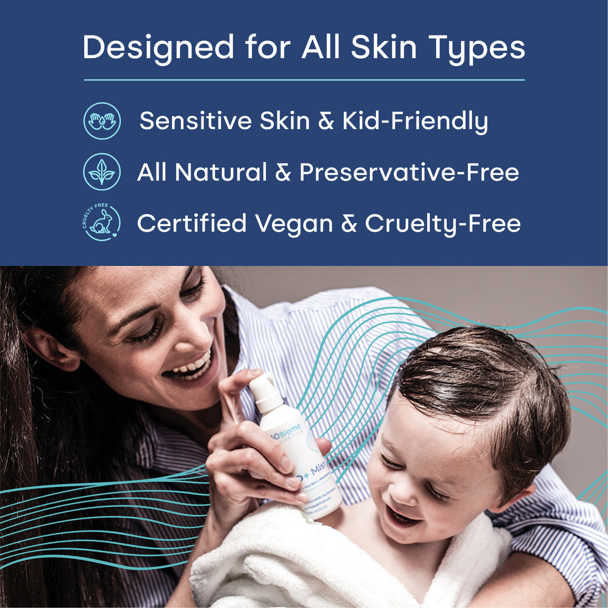 Promotional graphic for AO+ Mist of a woman spritzing mist at a smiling child in a bathrobe. The top half has a teal background with white text reading 'Designed for All Skin Types' and bullet points for 'Sensitive Skin & Kid-Friendly', 'All Natural & Preservative-Free', and 'Certified Vegan & Cruelty-Free'. 