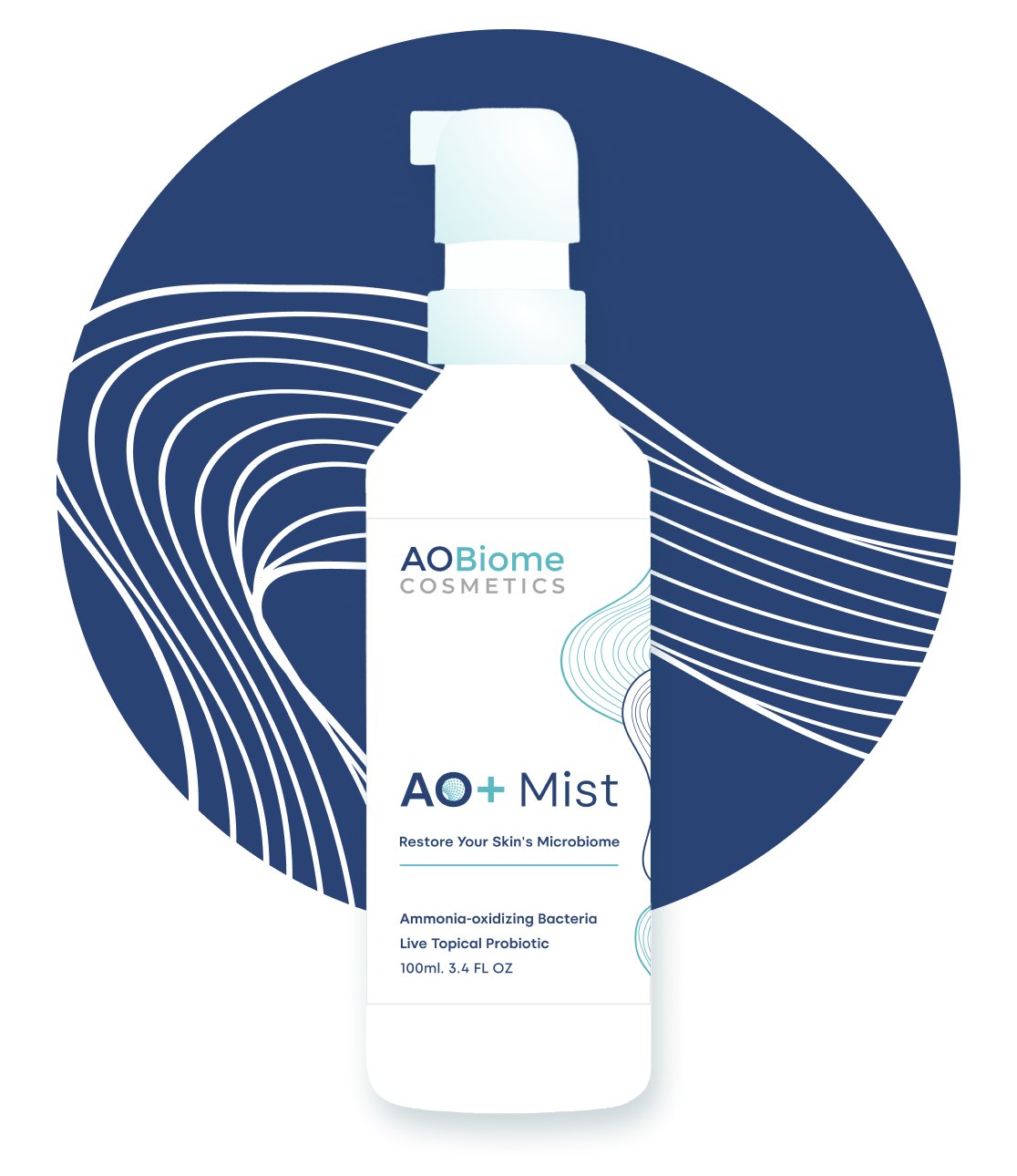 AOBiome AO+ Mist bottle on a blue circular background with white wavy lines