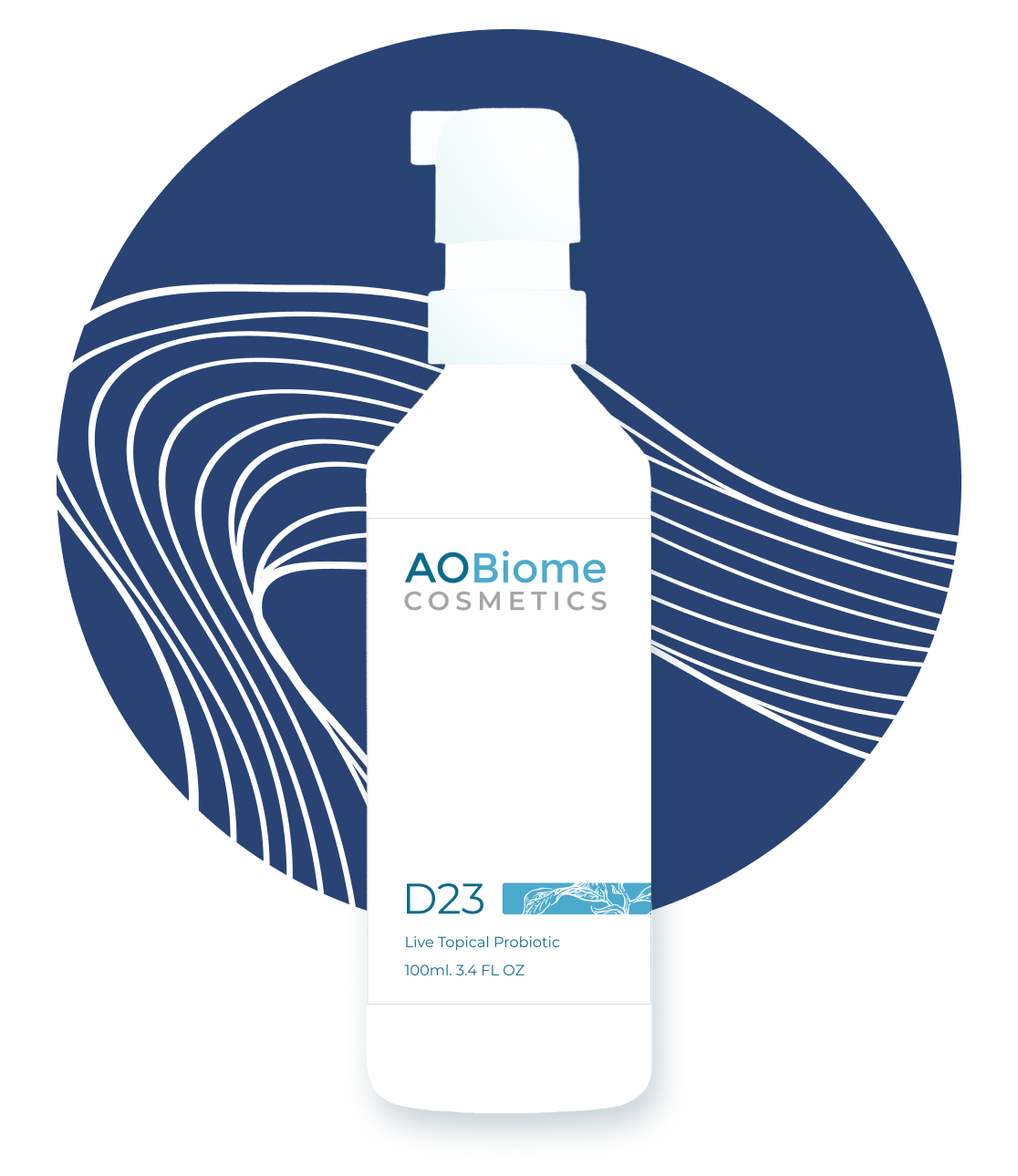 AOBiome Cosmetics D23 bottle on a blue circular background with white wavy lines