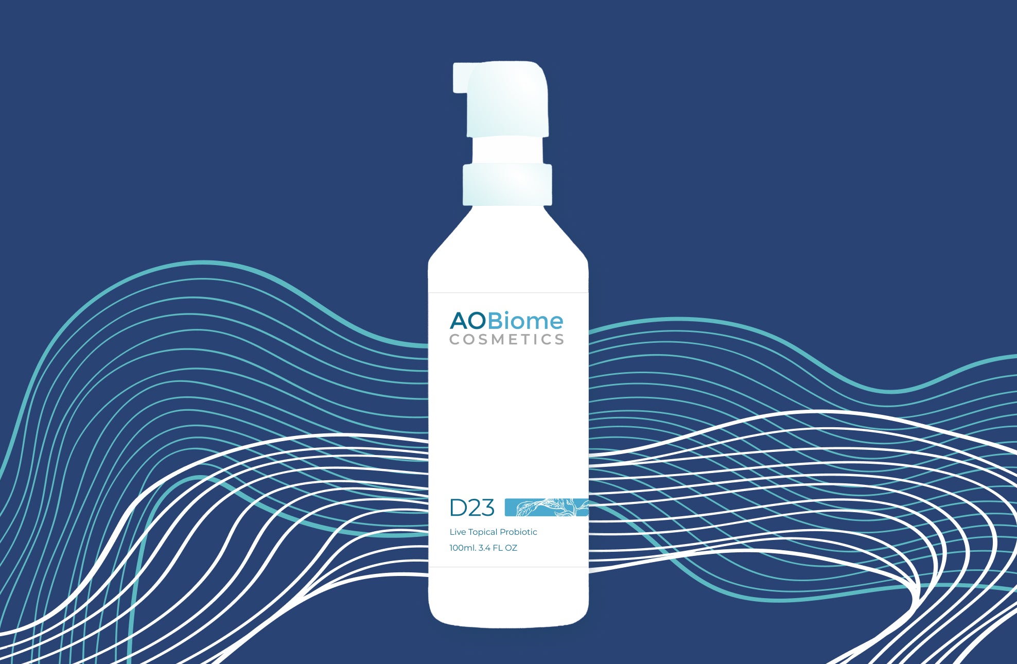 AOBiome Cosmetics Mist bottle on a blue background with wavy abstract lines