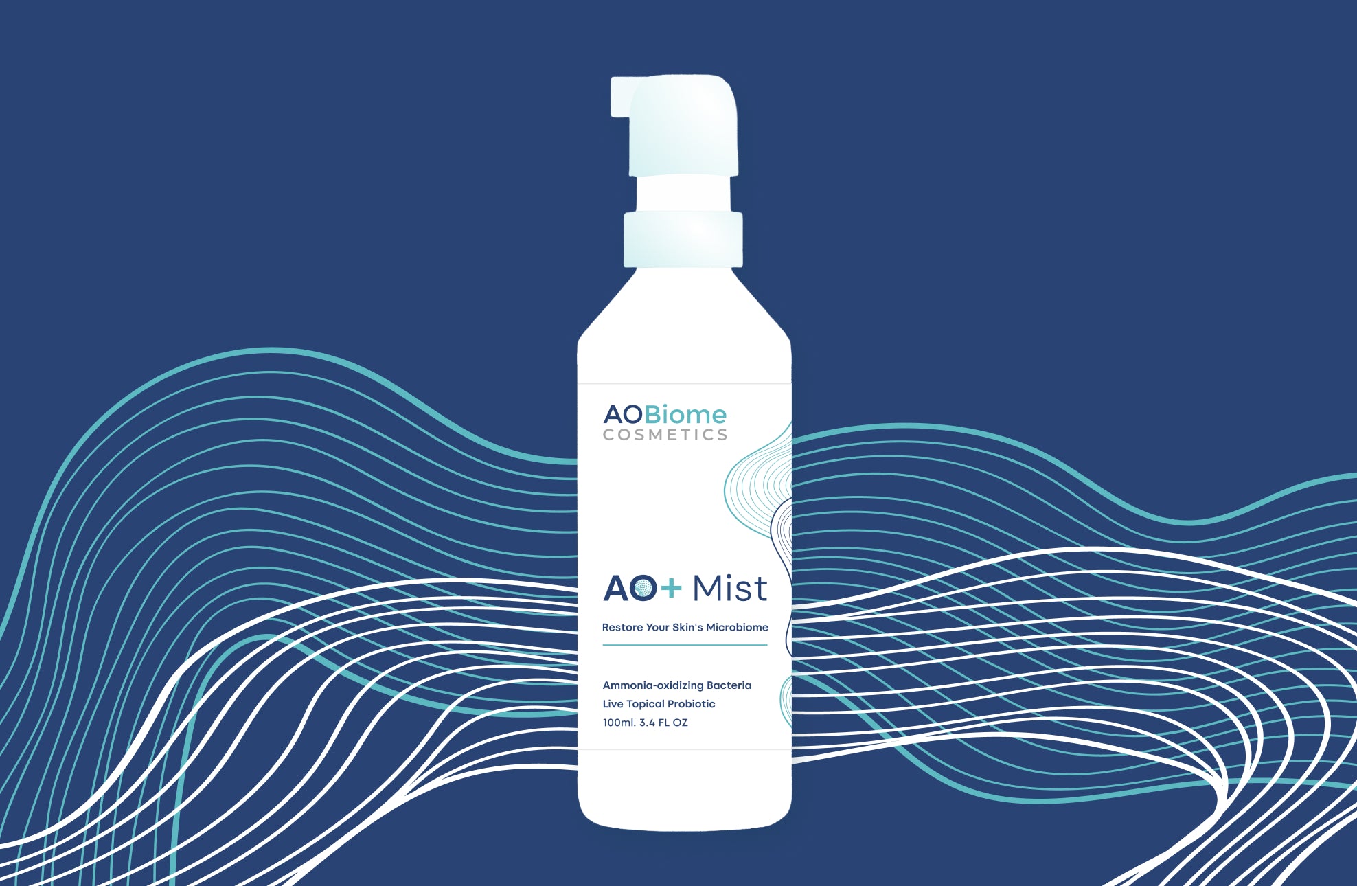 AOBiome AO+ Mist bottle on a blue background with white wavy lines
