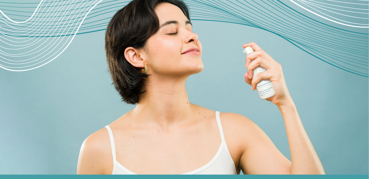 Woman applying AO+ spray product to her face against a light blue background with abstract wavy lines.