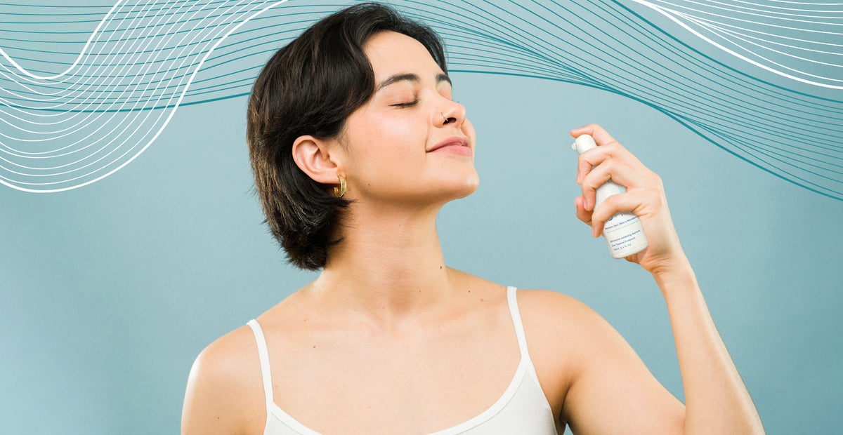 Woman applying AO+ spray product to her face against a light blue background with abstract wavy lines.