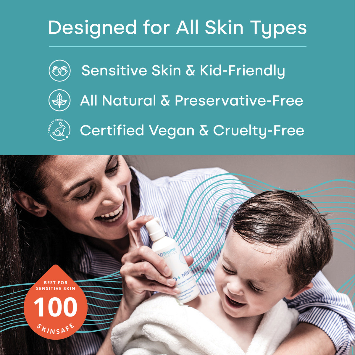 Promotional graphic for AO+ Mist of a woman spritzing mist at a smiling child in a bathrobe. The top half has a teal background with white text reading 'Designed for All Skin Types' and bullet points for 'Sensitive Skin & Kid-Friendly', 'All Natural & Preservative-Free', and 'Certified Vegan & Cruelty-Free'. 