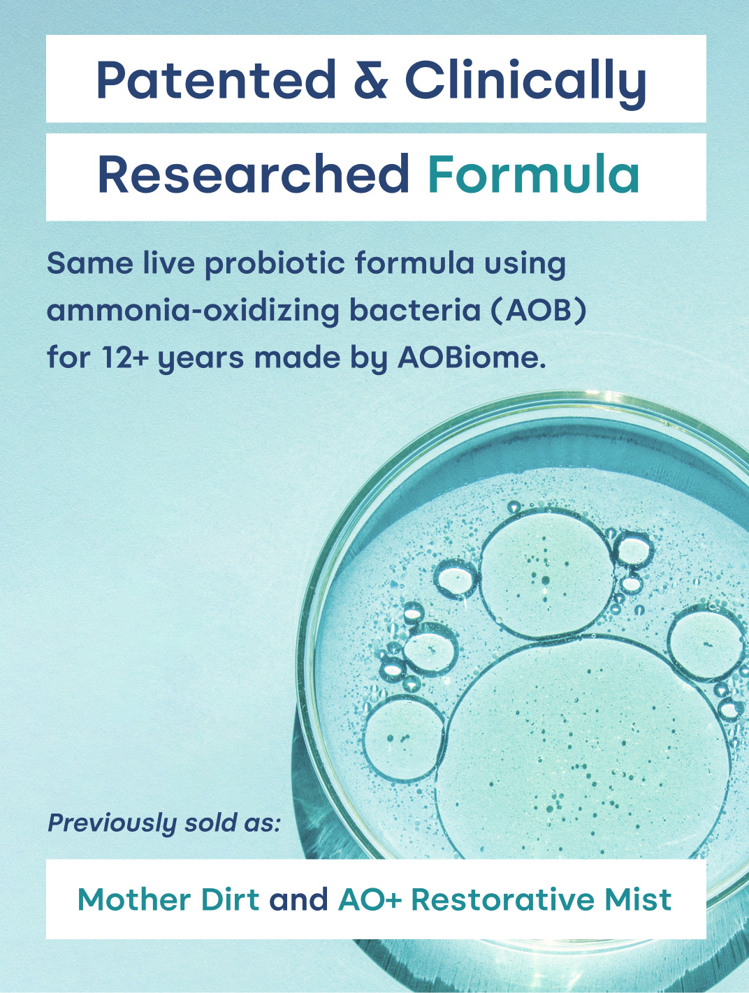 A graphic for the live probiotic formula by AOBiome featuring a close-up photo of liquid bubbles in a petri dish on a light blue background. The text reads 'Patented & Clinically Researched Formula' and 'Previously sold as Mother Dirt and AO+ Restorative Mist'.