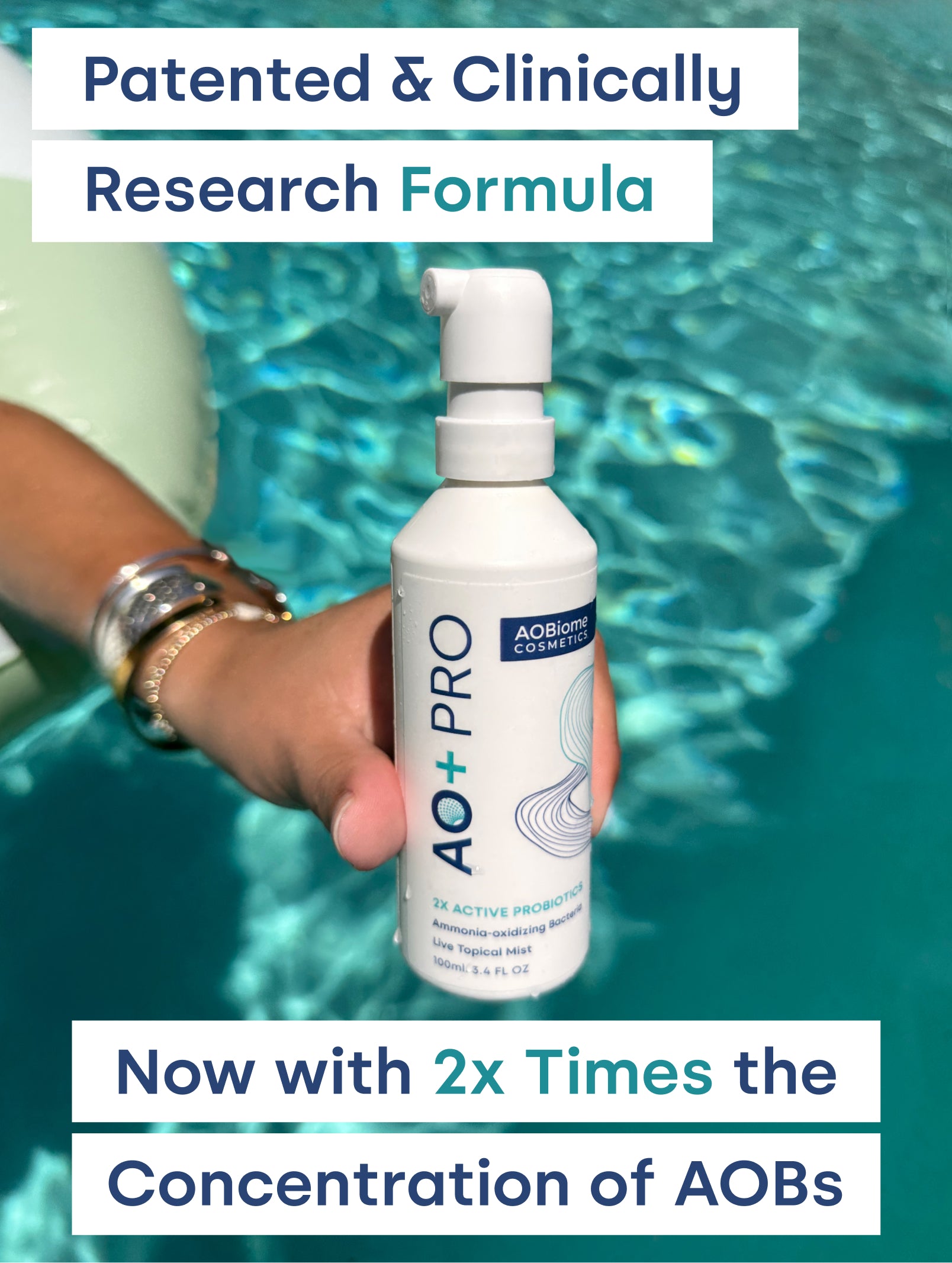 A hand holding a white pump bottle labeled AO+ PRO above a pool with promotional text banners reading 'Patented & Clinically Research Formula' and 'Now with 2x Times the Concentration of AOBs'