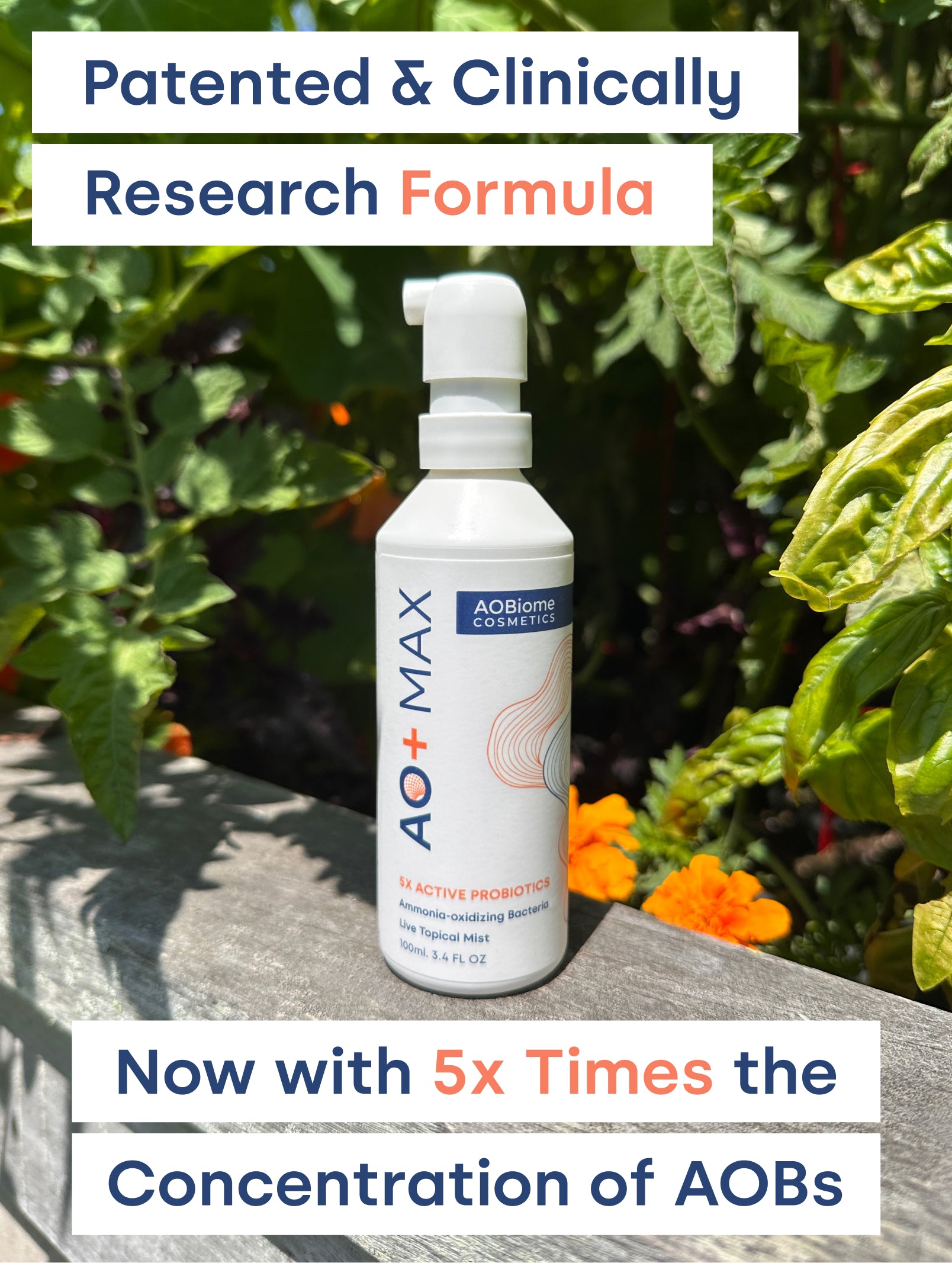 A white pump bottle labeled AO+ MAX and AOBiome Probiotics sits in front of green foliage and orange flowers with ext banners at the top and bottom that read 'Patented & Clinically Research Formula' and 'Now with 5x Times the Concentration of AOBs'