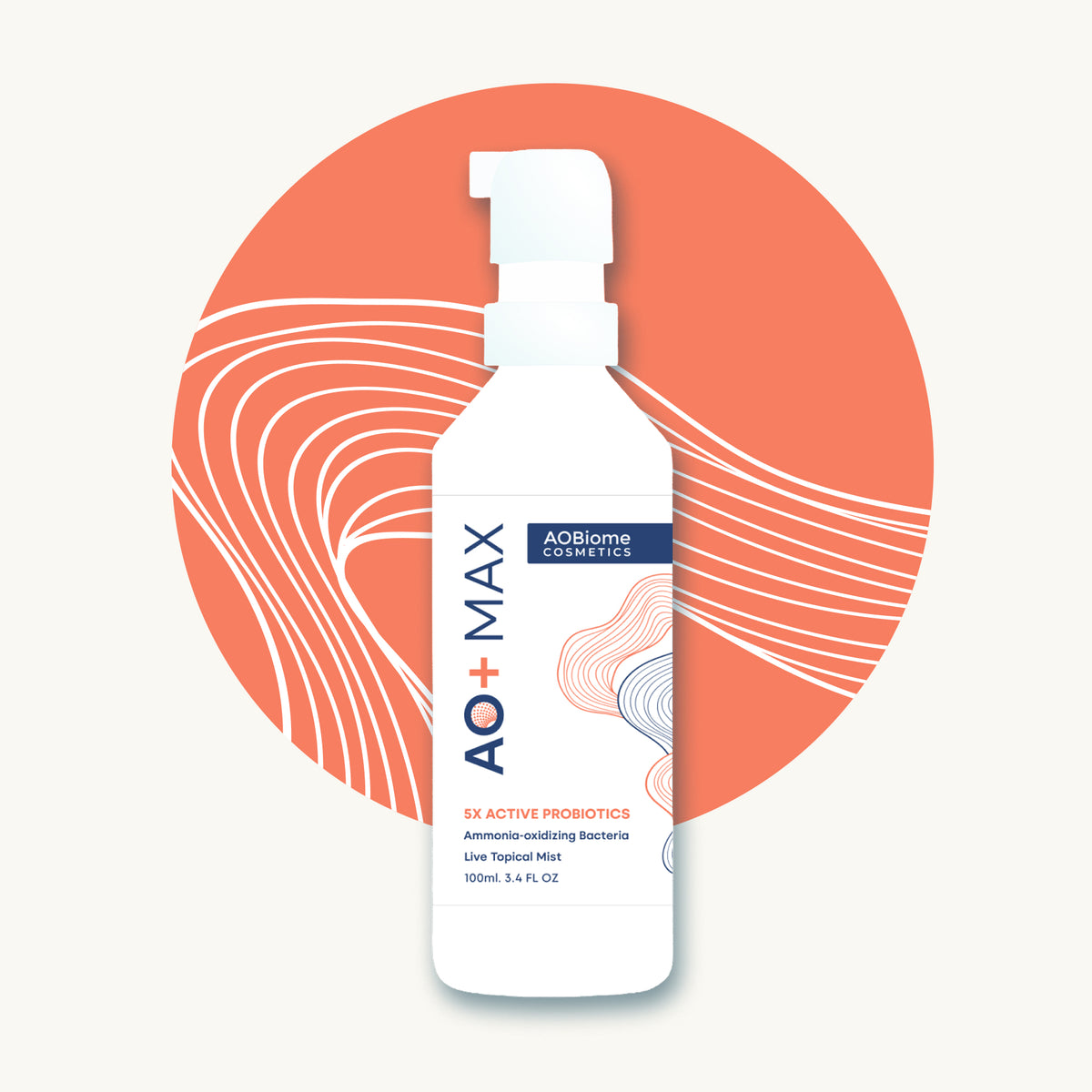 Graphic of a white pump bottle of AO+ MAX Mist, centered against a teal circular graphic with white wavy lines.