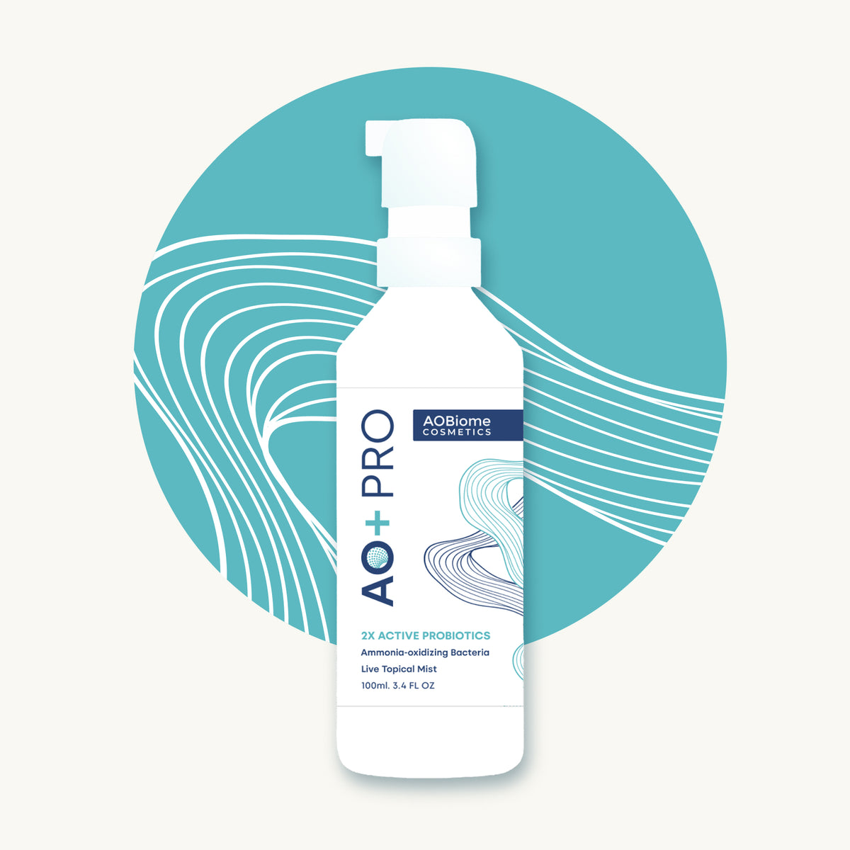 Graphic of a white pump bottle of AO+ PRO Mist, centered against a teal circular graphic with white wavy lines.