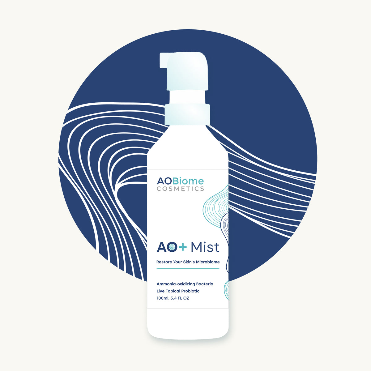 Graphic of a white pump bottle of AO+ Mist, centered against a teal circular graphic with white wavy lines.