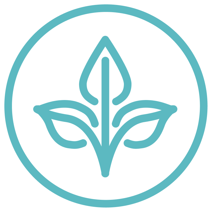 Circular teal icon of a plant with three leaves.