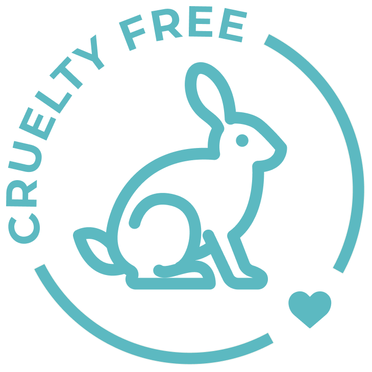 Circular teal line icon of a rabbit and a heart with the words "Cruelty Free."