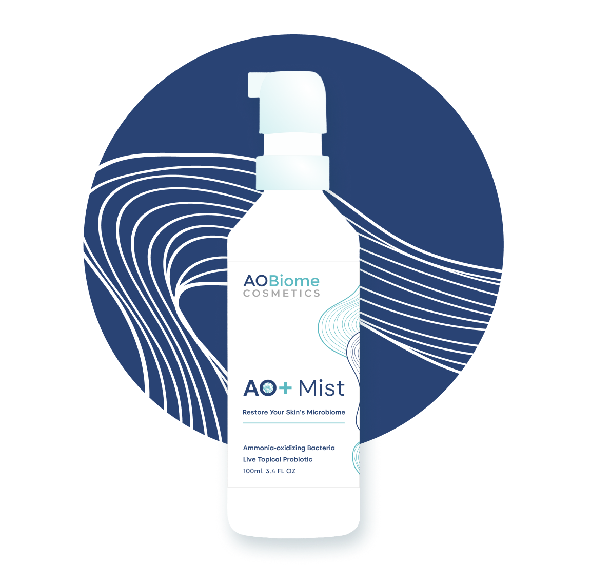 AO+ Mist bottle graphic centered on a dark blue circular graphic with white wavy lines through it.