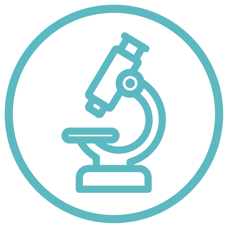 Circular teal line icon of a microscope.