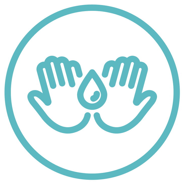 Circular teal line icon of a two open hands with a water droplet between them.